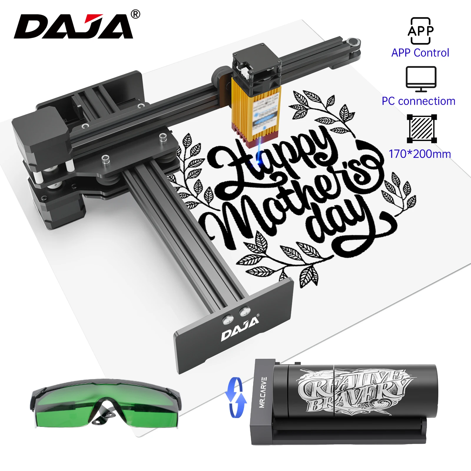 DAJA D2 Small Laser Engraving Machine, Stainless Steel Wood Plastic Customized logo, Automatic DIY Glass Leather Laser Marking