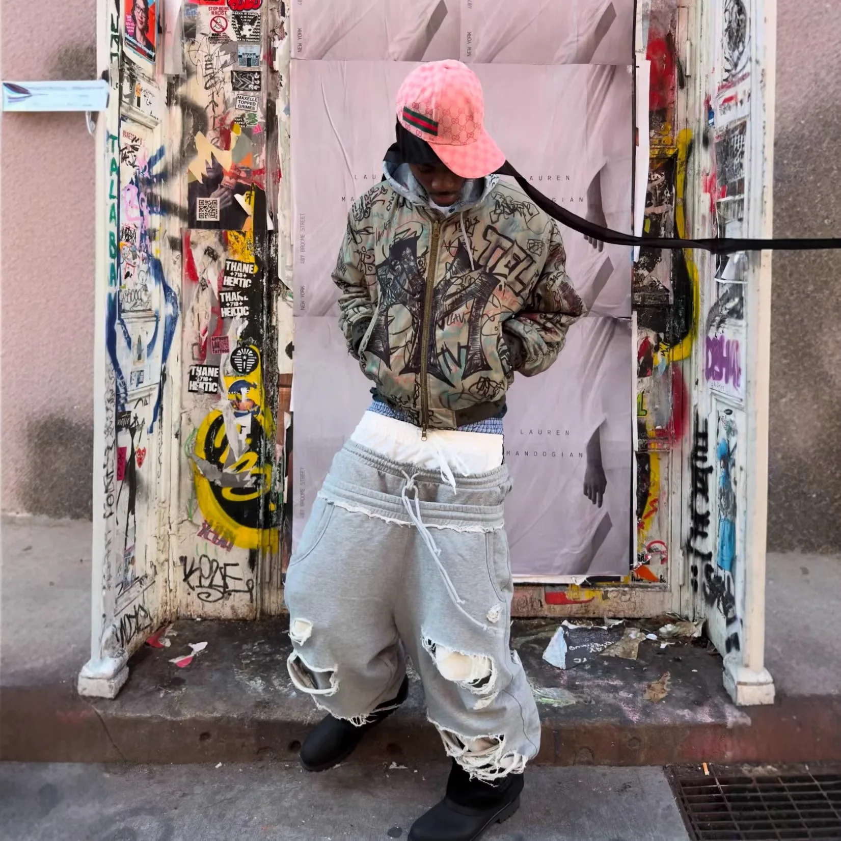 Mowalola MY City Hand-painted graffiti on the hooded cotton jacket - size 6 Bomber jacket for both men and women