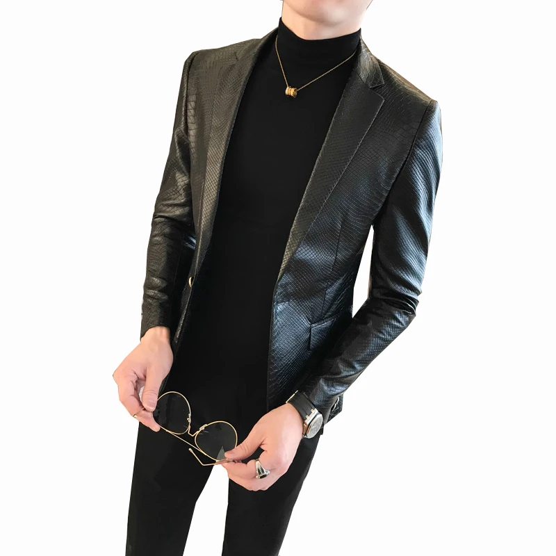 One Button PU Blazer Men Slim Fit Blazer Masculino Black Mens Blazer Para Hombre Vintage Prom Blazers For Men