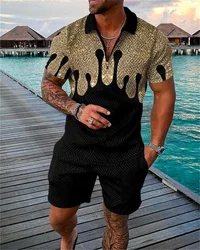 Summer Trend Print Men's Tracksuit Set Casual Zipper Collar Polo Shirt + Shorts 2pcs Sets Colorful Print Streetwear Man Clothing