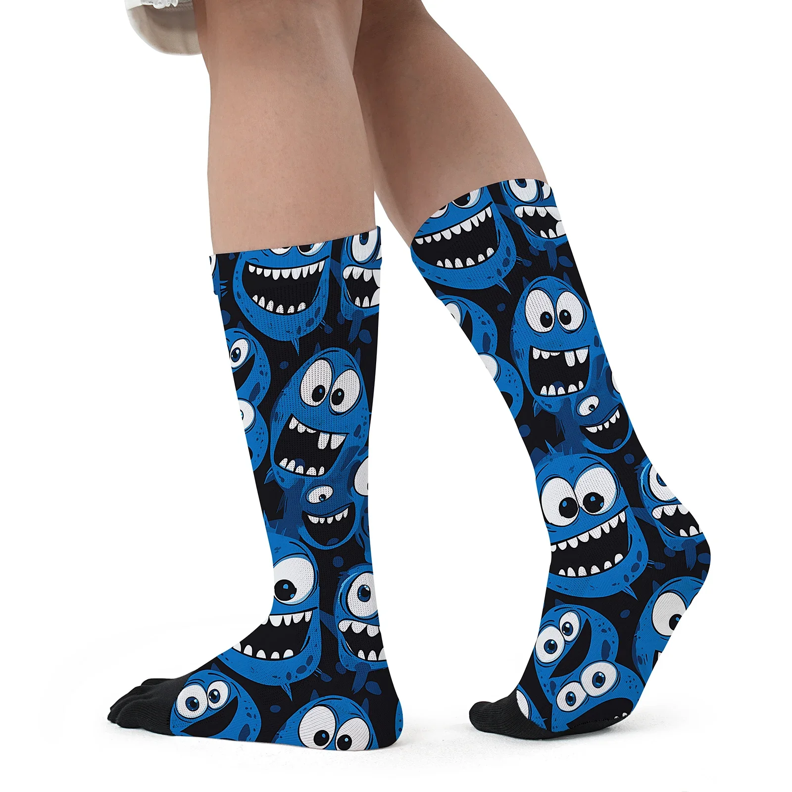 1 pair of blue cartoon monster smiley face cute Mosaic print personality mid-tube sports fashion five-finger socks Stretchy