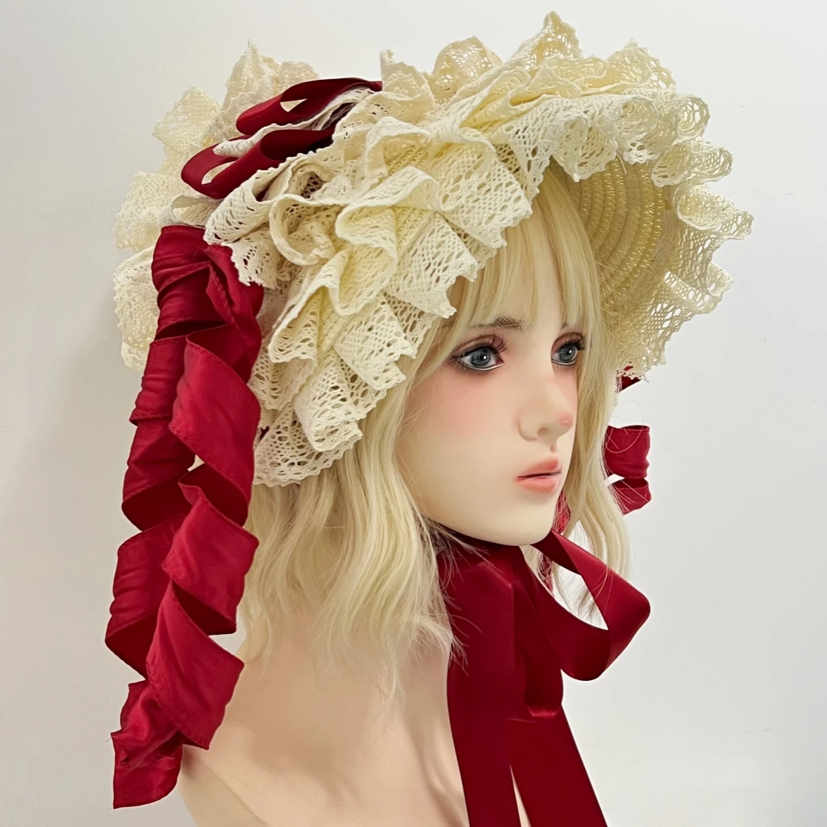 Handgefertigter Damen-Viktorianischer Hochzeits- und Teeparty-Hut im 1800er-Stil, Lolita-Hut mit Vintage-Blumen, Strand-Sonnenhut, Strohgeflecht-Hüte – Detail 4