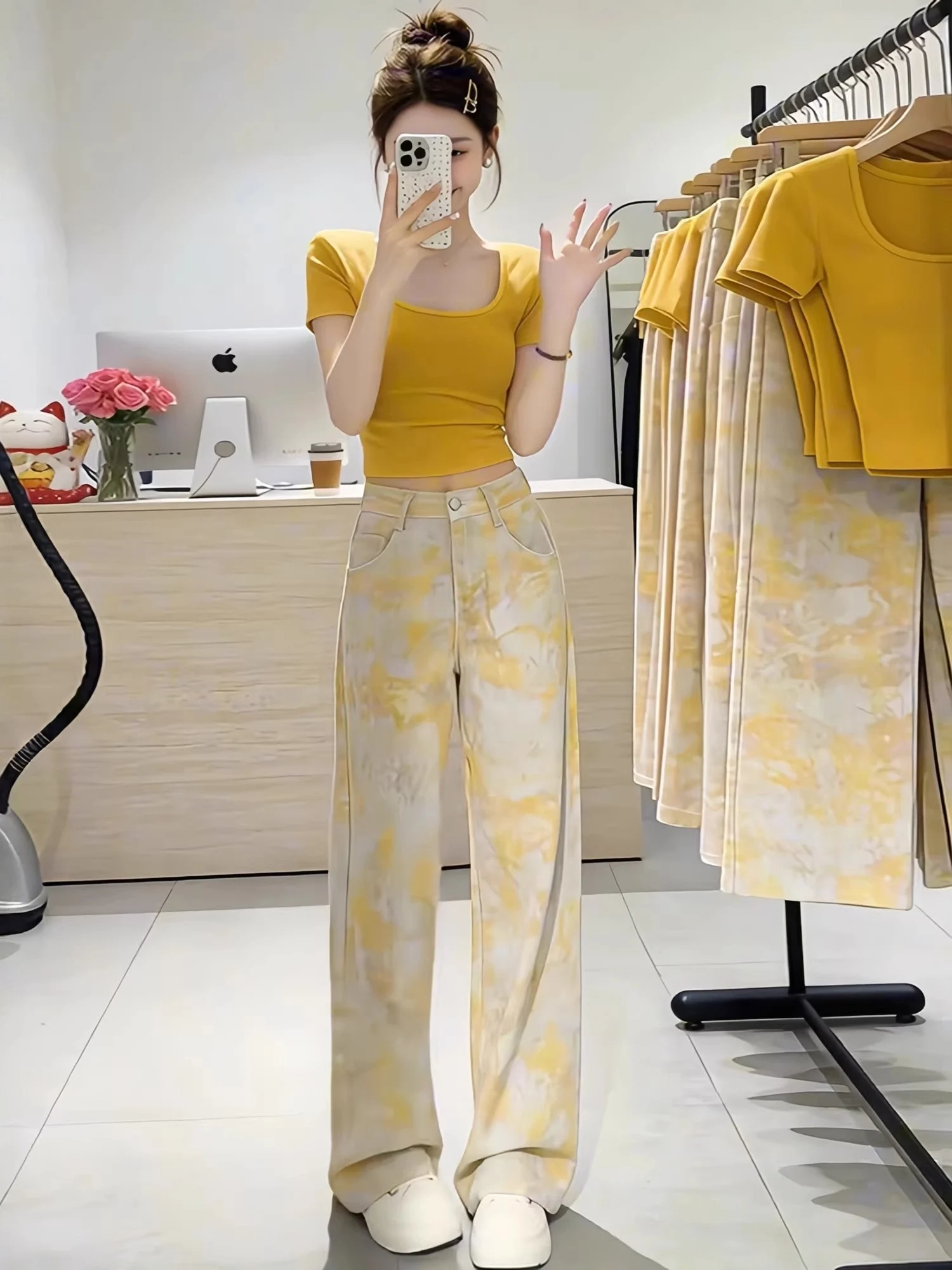 Unique Beautiful Summer T-Shirt And Wide Leg Jeans Two-Piece Set for Women Square Collar Short Sleeve Casual Fashion view 2