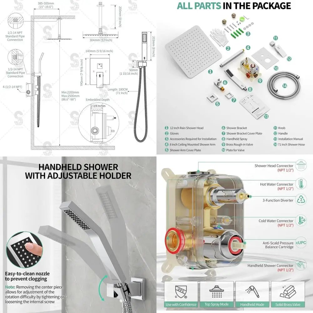 

12 Ceiling-Mounted Rainfall Shower System with Mixer, Polished Chrome Finish, Trim and Repair Kits Included