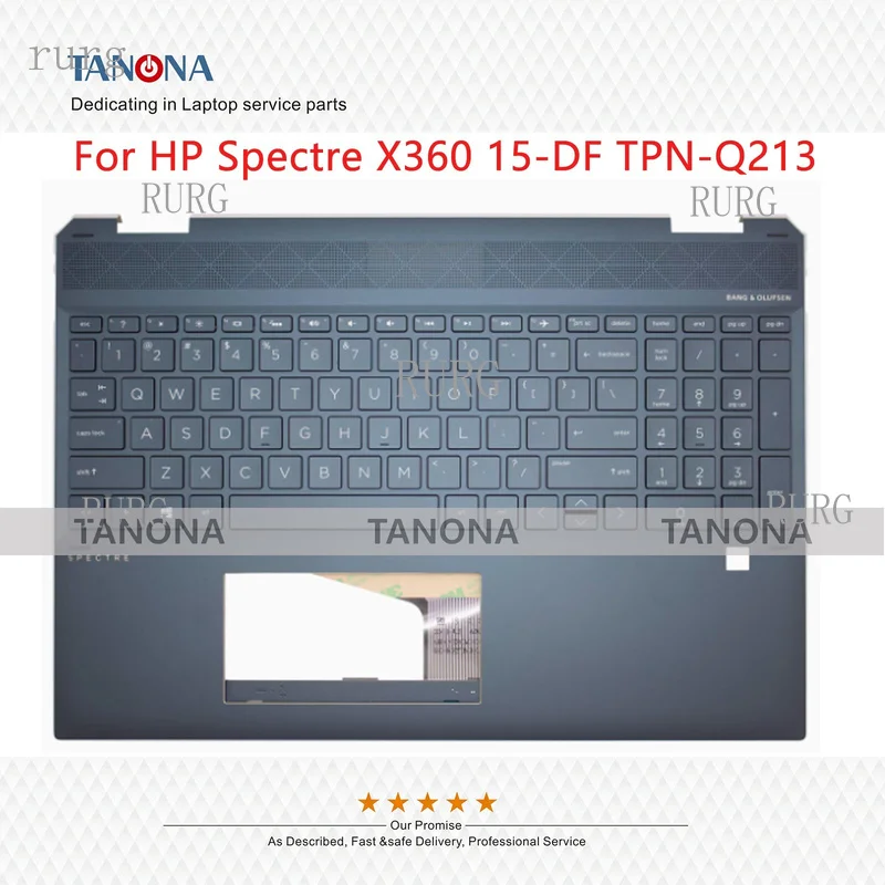 R+  Brand new, compatible with FOR HP Spectre X360 15-DF: Palmrest upper case cover + backlit keyboard, blue