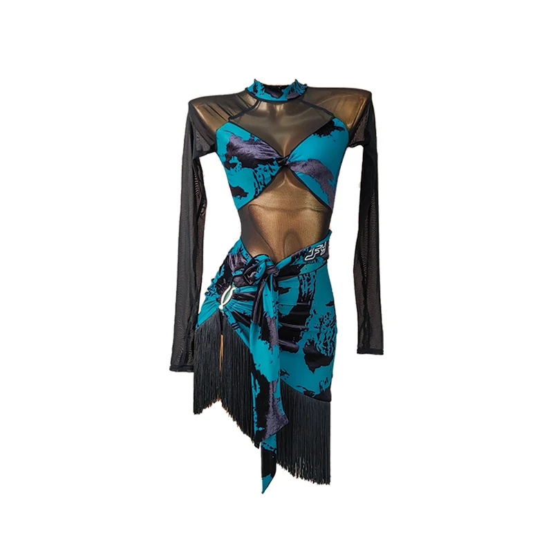 2025 novas roupas de competição de dança latina mulheres malha sem costas topos borlas saias adulto prática roupa vestido de dança latina dn19595