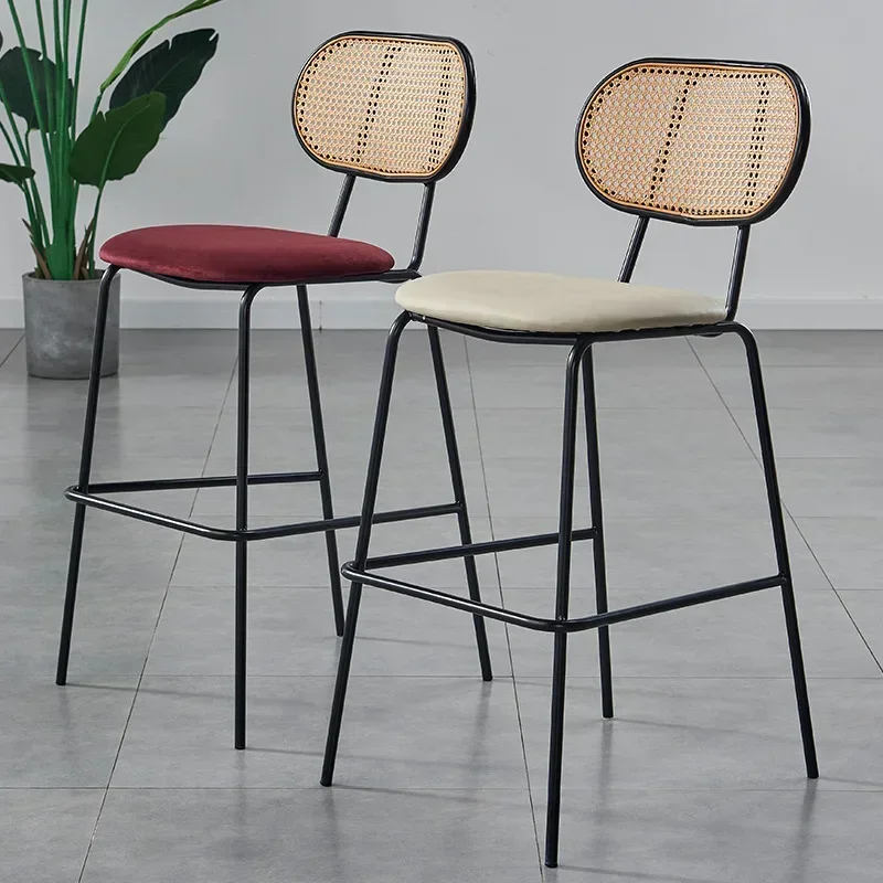 Multi-functional Nordic Modern Simple Bar Chair Home Rattan Backrest High Chair Soft Bag Bar Cafe Bar Stool Durable