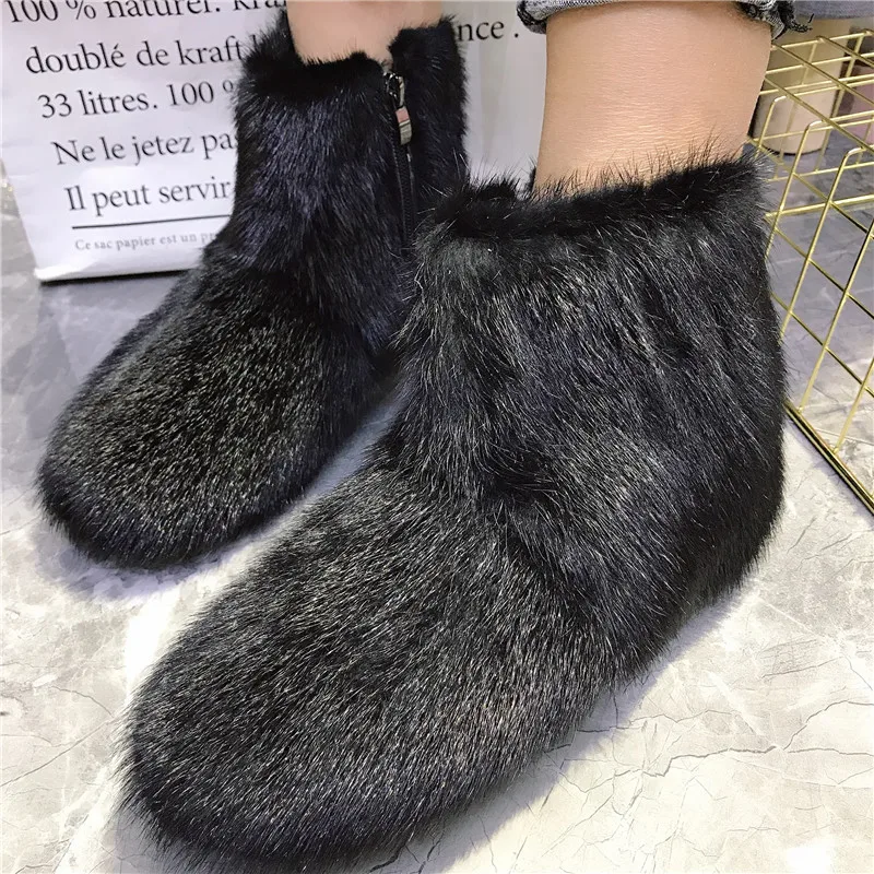Eskimo Soft Rabbit Fur Snow Boots Plush inside Winter Boots Woman Thick sole Multicolor patchwork Real Fur Mid-calf Boots