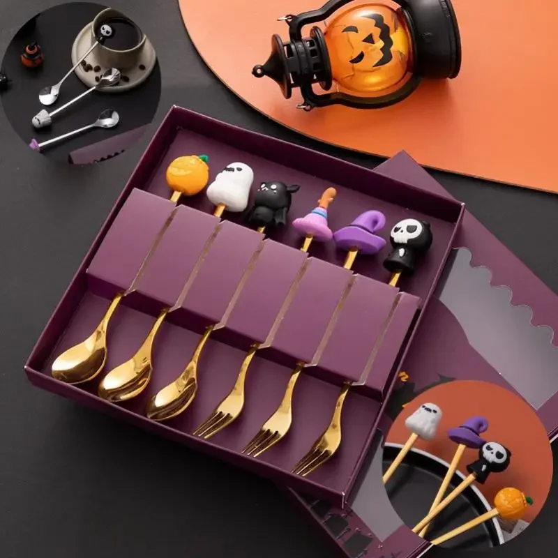 

Halloween Tableware Stainless Steel Coffee Spoon Halloween Dessert Spoon Fruit Fork Theme Party Tableware Set