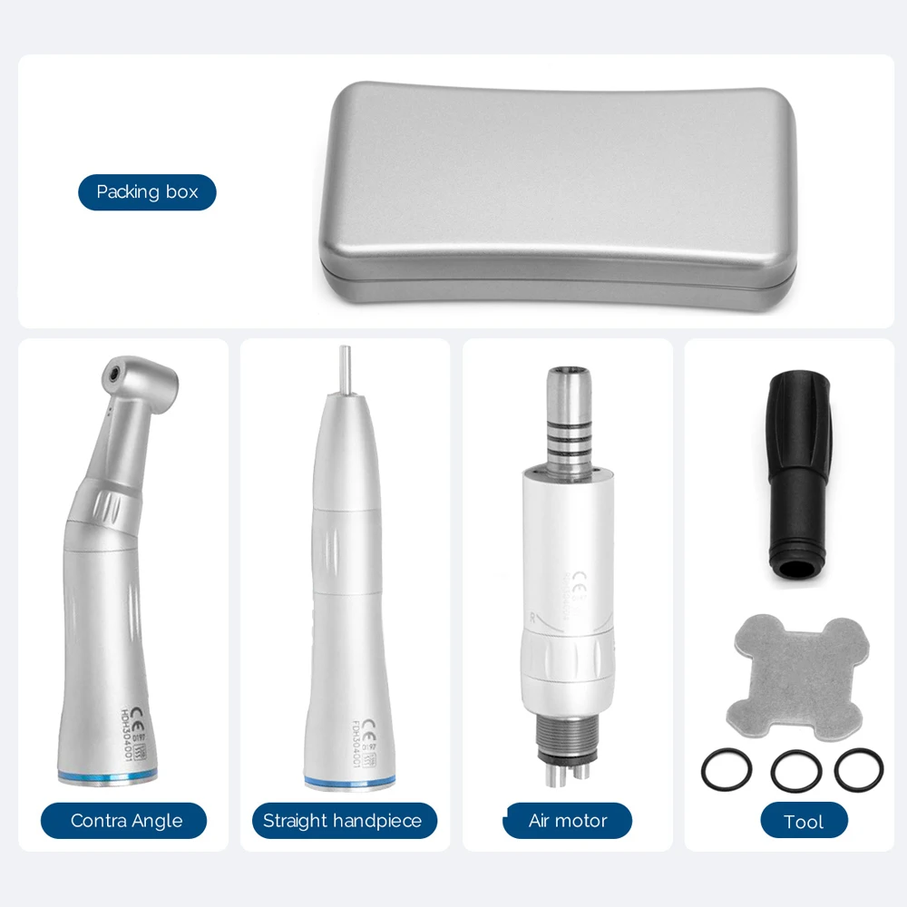 Dental Low Speed Handpiece Kit Air Turbine Straight Contra Angle Push Button Air Motor Inner Water Spray 2/4Holes