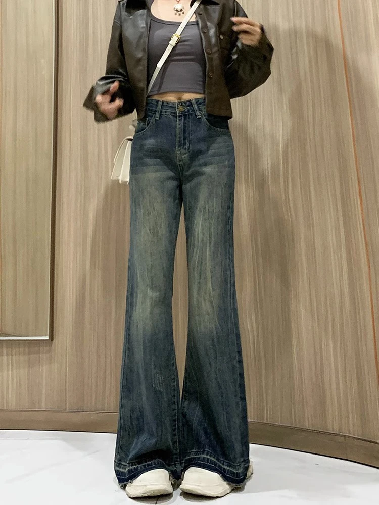 Jeans a gamba larga a vita alta blu retrò americano Donna Primavera Autunno 2025 Nuovi pantaloni lunghi fino al pavimento micro svasati di piccole dimensioni