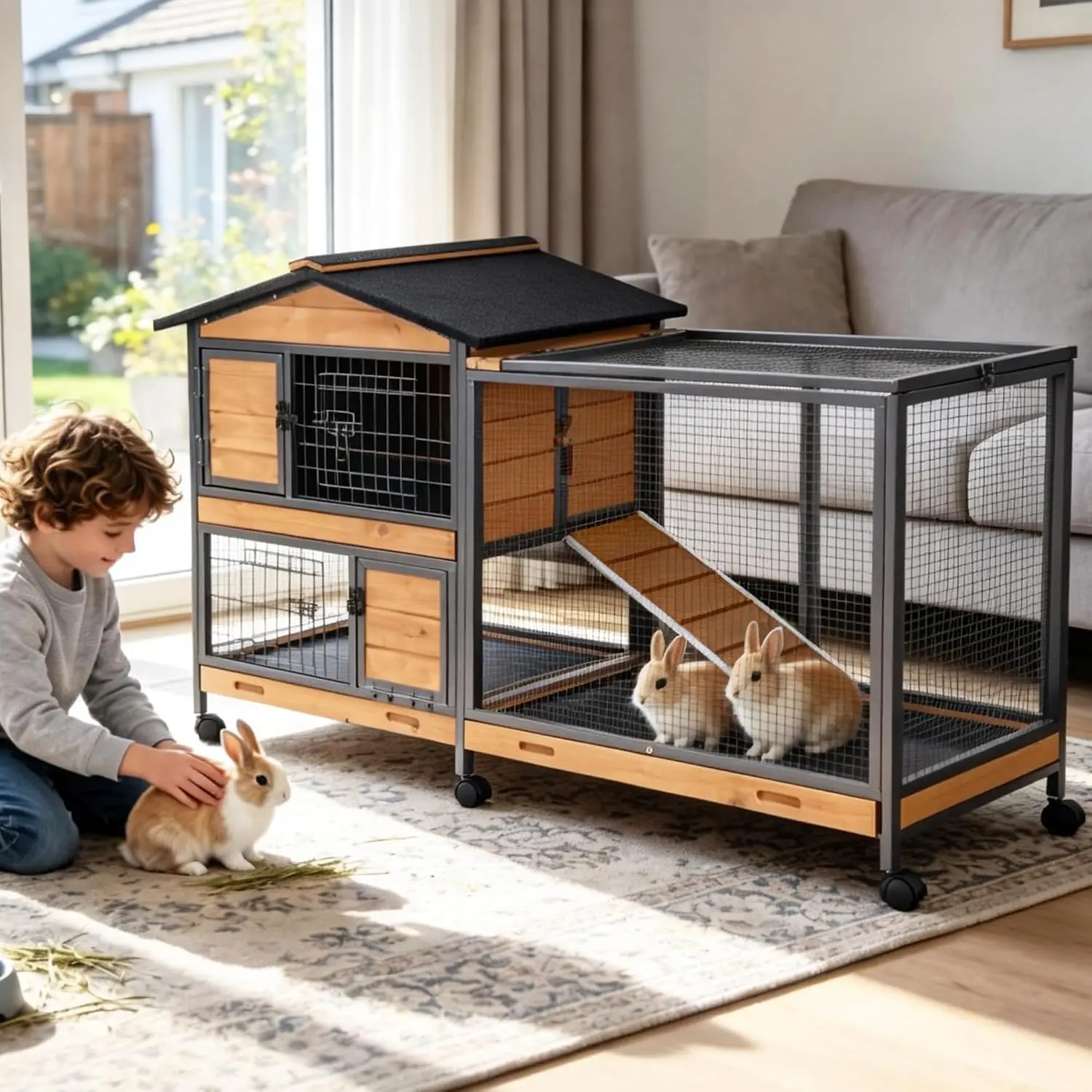 Extra Large Wooden Rabbit Hutch with Reinforced Iron Frame on Wheels, Customized
