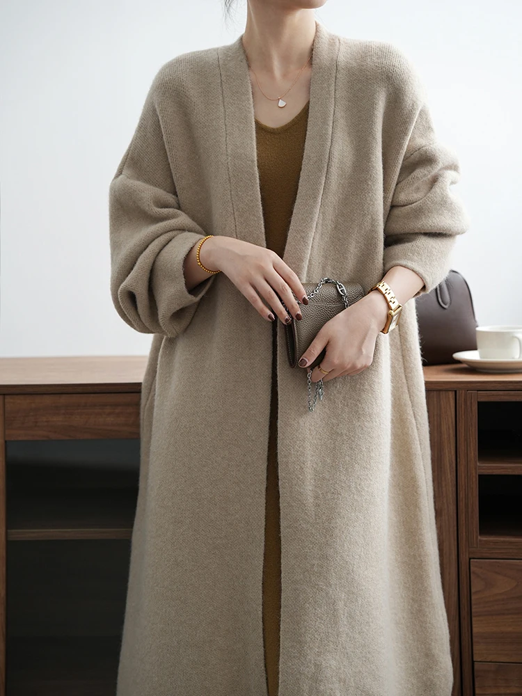 [LANMREM] Thick Warm Knit Cardigan Long Coats For Women Minimalism Office Lady Outwear Female Clothing 2024 Winter New 26C1115