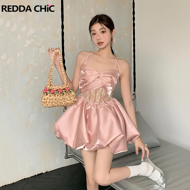 ReddaChic Sheer Lace Stitch Puffy Princess Dress Women Metallic Sleeveless Ribbon Halter Bud Mini Satin One-piece Party Clothes