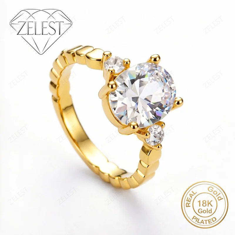 

Кольцо из стерлингового серебра 925 пробы с позолотой 18K и круглым цирконием, женское украшение, модный аксессуар, подарок для вечеринки