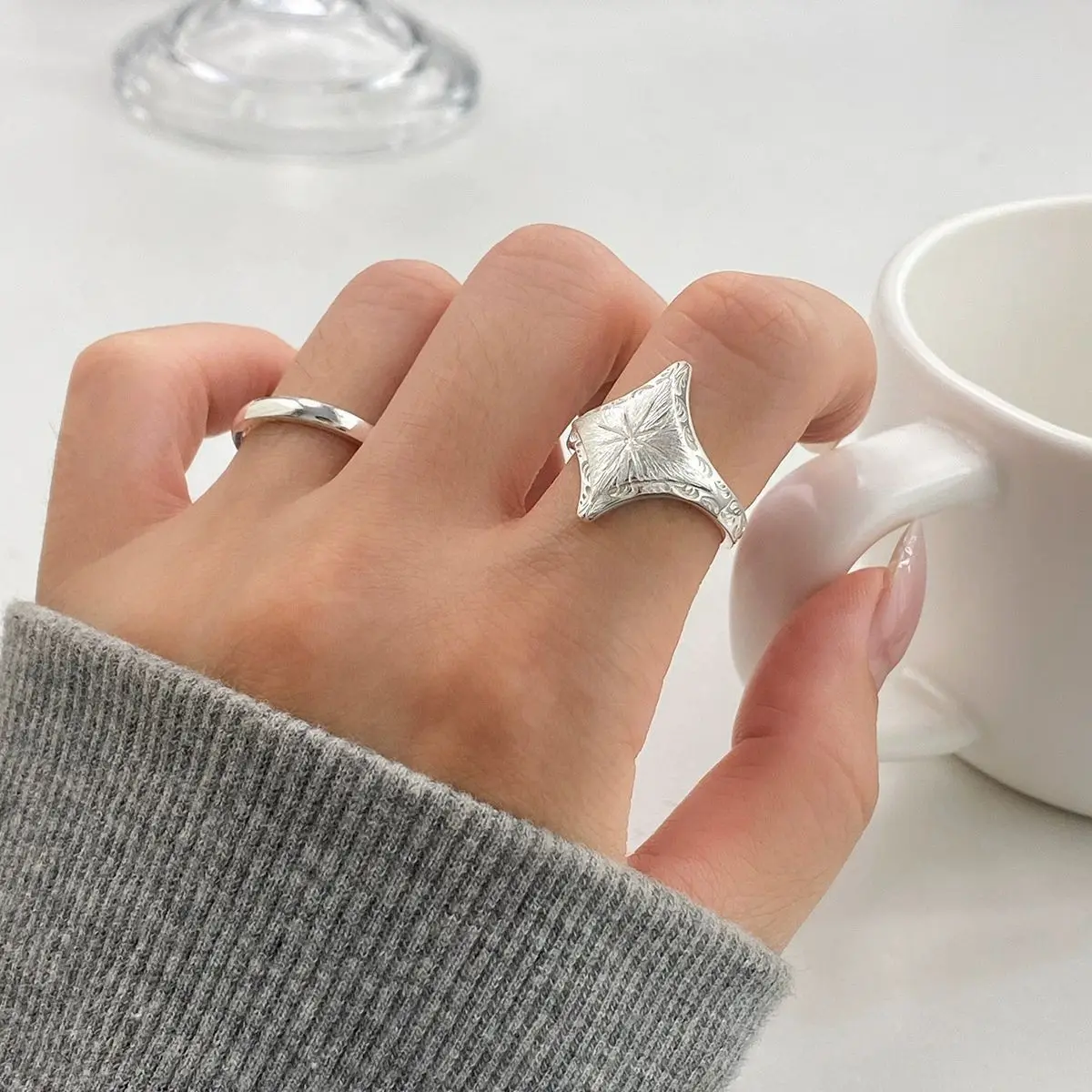 925 Sterling Silver Sanding Star Adjustable Rings For Women Couple Wedding Engagement Jewelry Wholesale Accessories Jewellery - Image 2