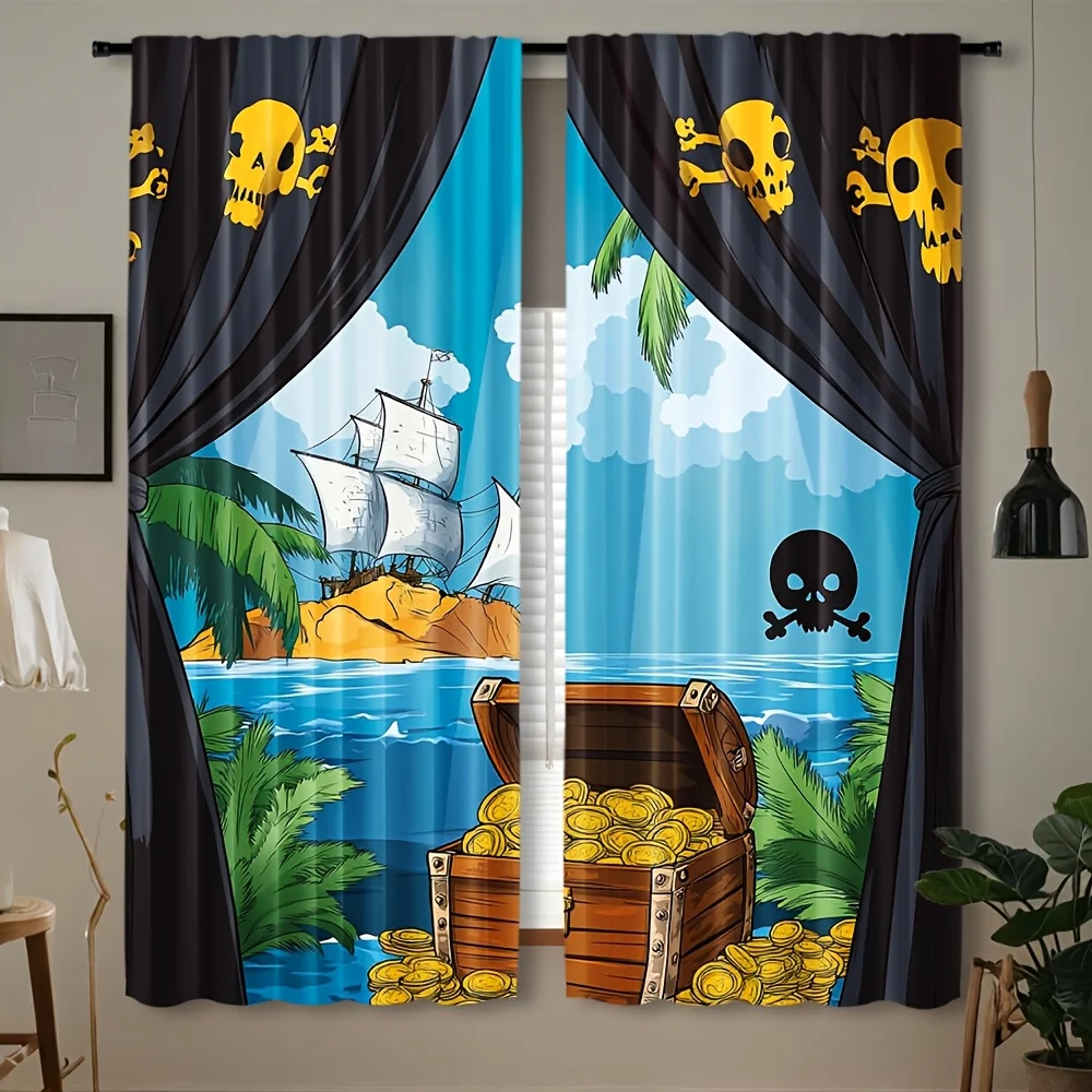 Cartoon Pirate Island Blackout Rod Pocket Curtain Skull Flag Gold Chest Palm Decor Kid Homestay Game Rest Bay Window