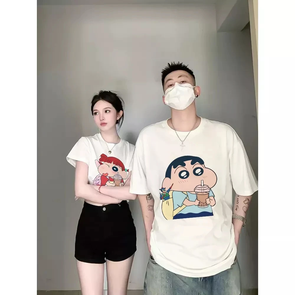 Crayon Shin Chan Couple Bubble Tea Print T Shirt Men Women Oversized Cute Cartoon Short Sleeve Casual Tee