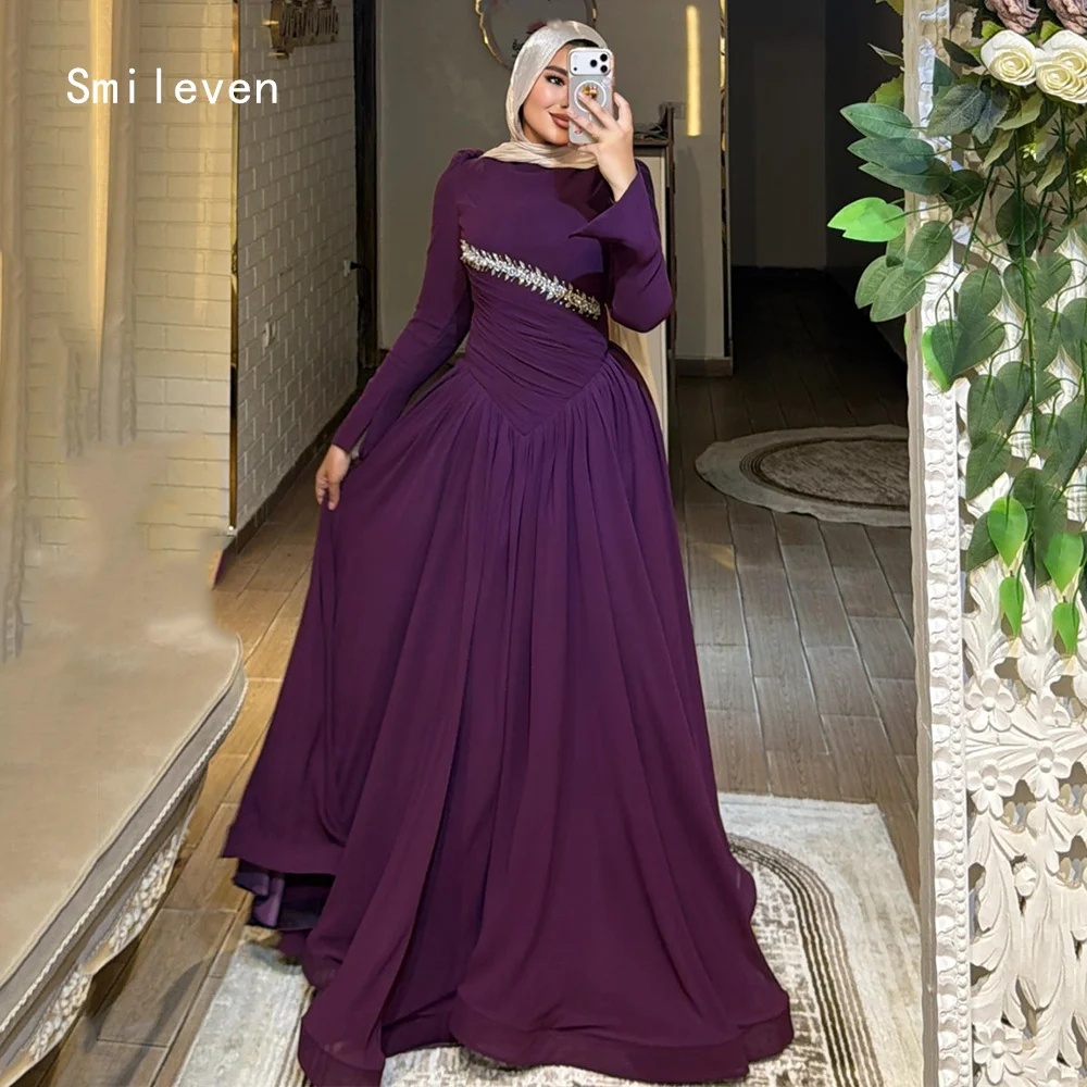 Smileven Luxury Pleat A Line Evening Dress Elegant Beading Scoop Formal Prom Dresses Purple Chifforn Party Gowns Customized 2026