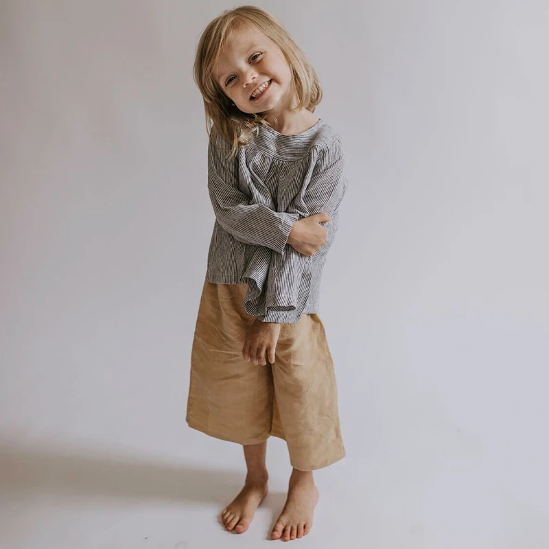 Kids Wide-Legged Linen Pants With Pockets Summer New Casual Loose Retro Cotton And Linen Girls Trousers Baby Linen Clothes TZ423