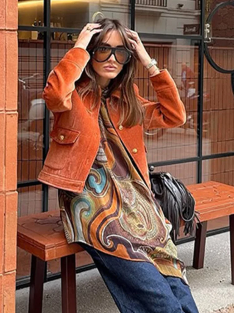 Chic Orange Velvet Lapel Short Jacket Women Solid Loose Single Breasted Full Sleeves Pockets Jackets 2026 Lady Casual Daily Wear