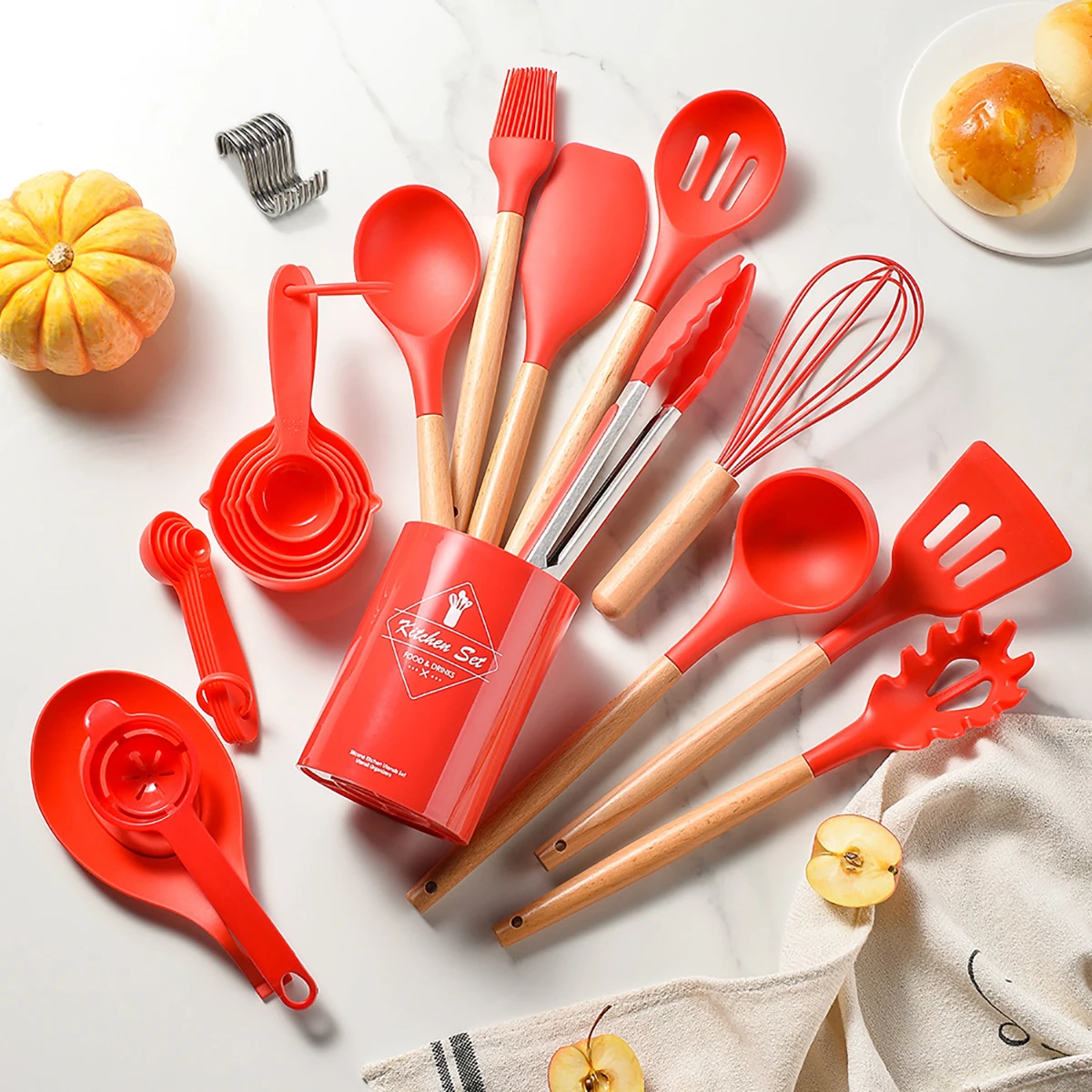 

32pcs Red Cooking Utensils Set Silicone Spatula Soup Spoon Kitchenware Heat Resistant Non Stick Kitchen Tool Storage Bucket