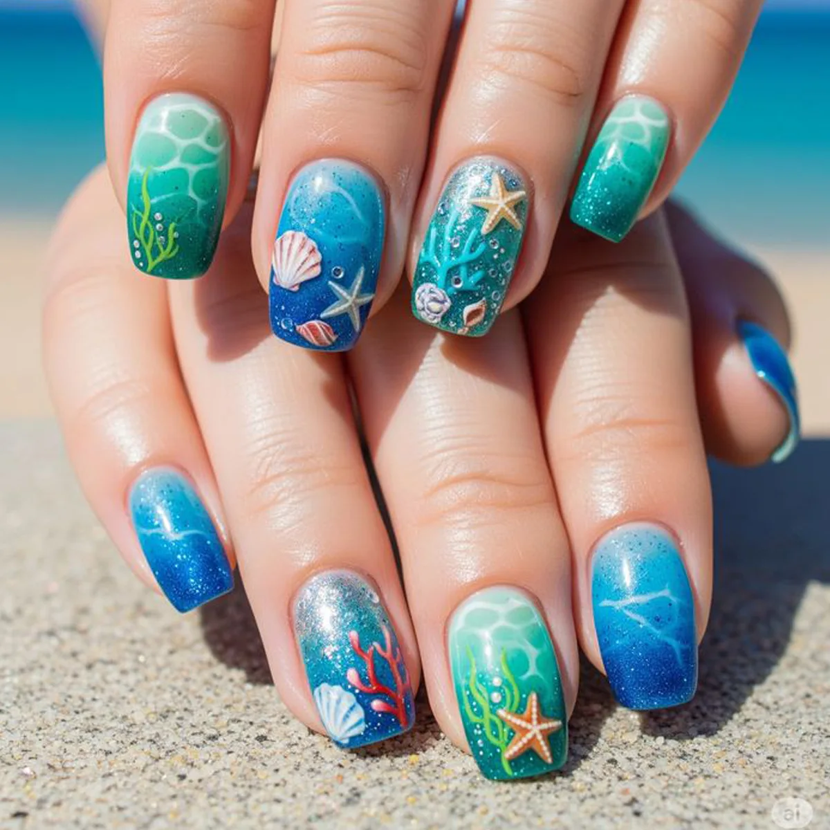 

24Pcs Wearable Nails Summer Style Press on Fake Nails with Coral Shell Starfish Design Short Square Head False Nail Patches Art