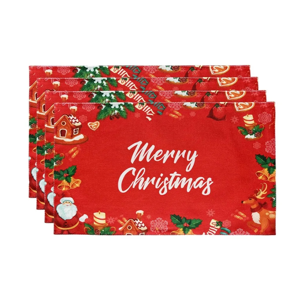 4PCS Linen-like Christmas Tree Placemats Stain-resistant Anti-slip Christmas Tableware Mat Rectangular Wear-resistant