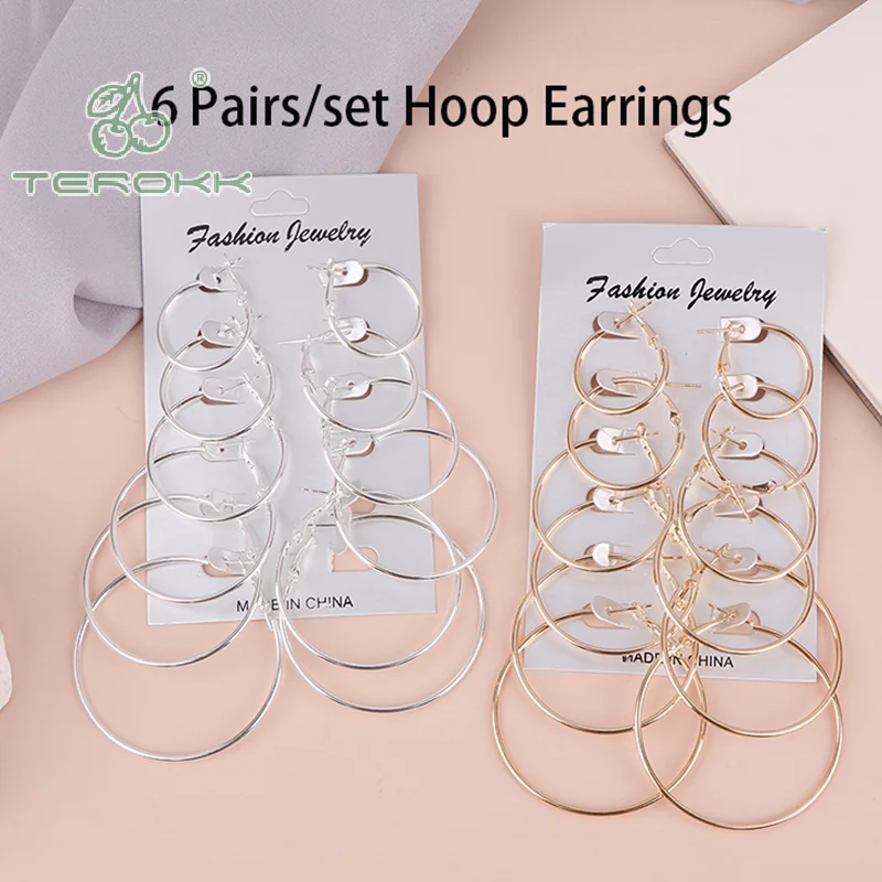 6Pairs/set Hoop Earrings Gold Silver Color Small Big Circle Earring Set For Women Simple Punk Ear Clip Fashion Jewelry