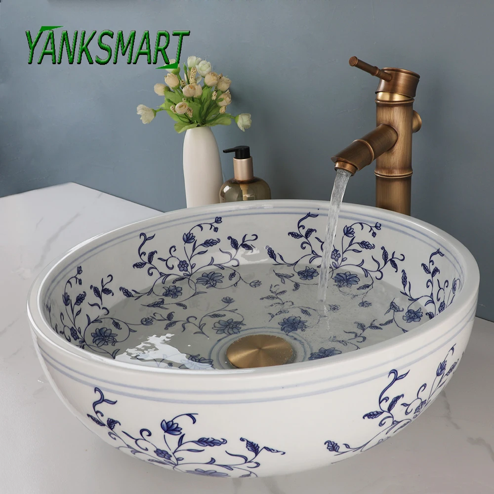 YANKSMART Round Bowl Ceramic Vessel Sink Faucet Combo Kit Blue and White Porcelain Counter Vanity Bamboo Tap Set W/ Pop-up Drain