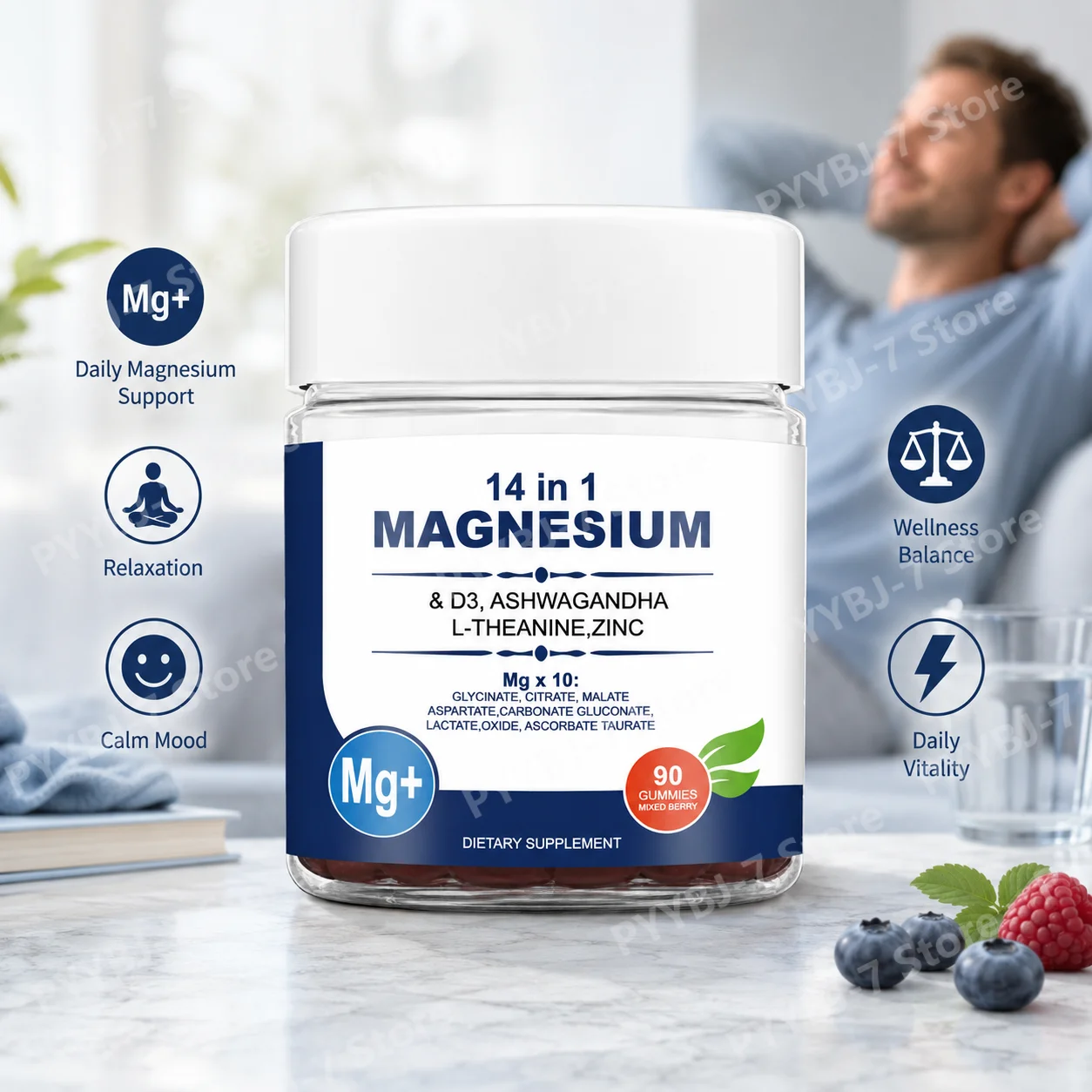 Magnesium Complex 14 in 1 Gummies with Ashwagandha L Theanine D3 Zinc Daily Nutrition Supplement Sleep Calm Support