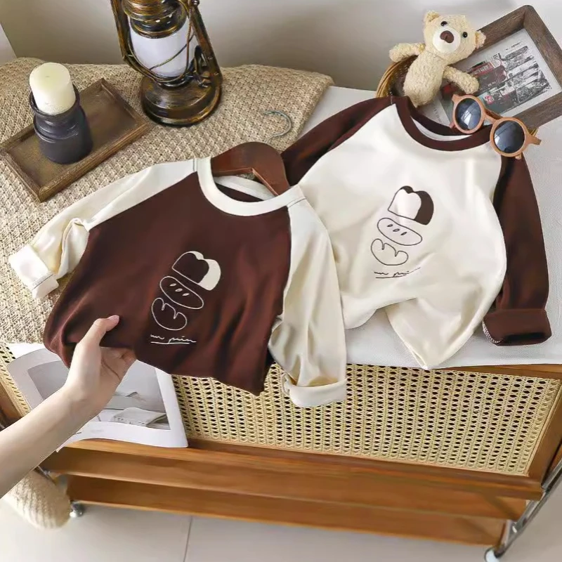 1-8Y Children Velvet Base Shirt 2025 Spring Long Sleeved Casual Tee Baby Girls Boys Patched Color Round Neck Outerwear Tops