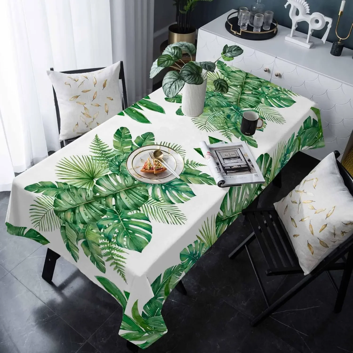 1Pc Tropical Leaf Print Tablecloth Green Botanical Pattern Table Cover For Dining Room Kitchen Decor Dustproof Rectangular
