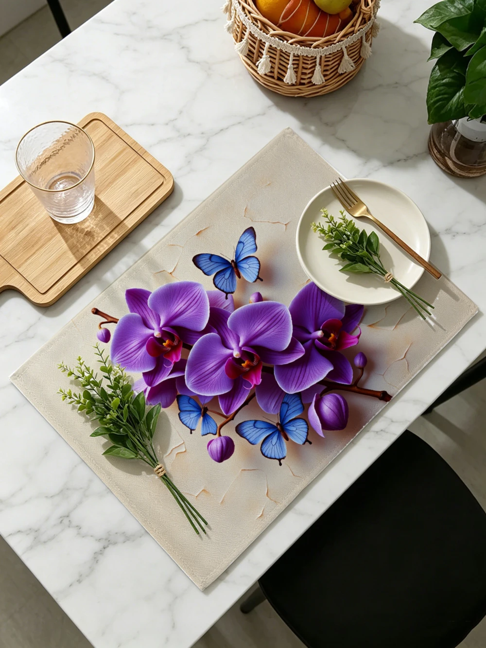 Printed Placemats for Dining Table Kitchen Holiday Parties Purple Orchids And Blue Butterflies
