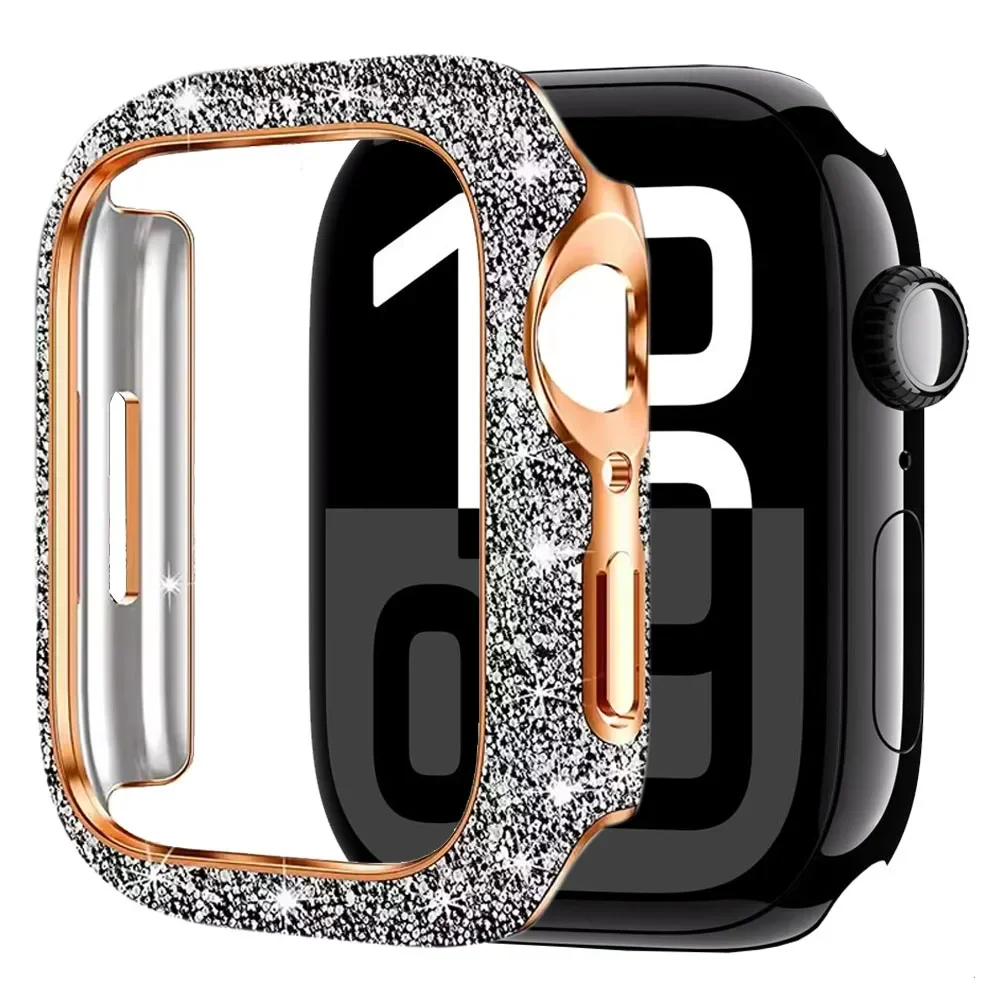 Apple Watch 용 다이아몬드 케이스 10 46mm 42mm 45mm 41mm 44mm 40mm PC + 유리 보호 쉘 iWatch 시리즈 10 9 8 7 6 SE 액세서리