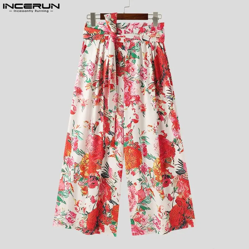 2024 INCERUN Long Trousers Men Pants High Waisted Floral Wide Leg Pants Casual Men Clothing Print Pantalons S-5XL Streetwear