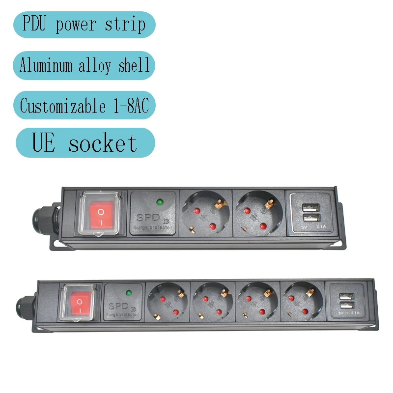 PDU power board aluminum alloy shell EU socket 1-8AC, with dual switch, surge protection, 2USB