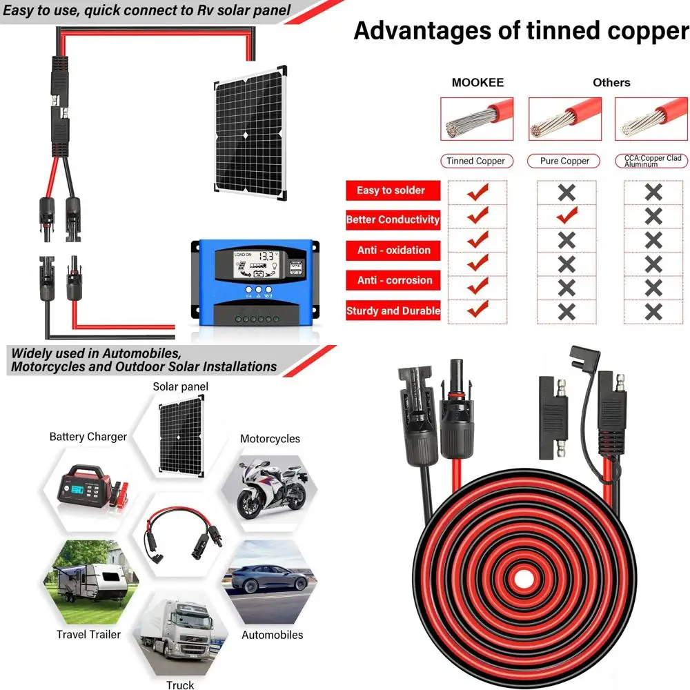 Cable adaptador de panel solar a SAE - Cable de extensión solar de 50 pies 10AWG para kit de cargador de batería de caravana de panel solar RV con SAE Pola
