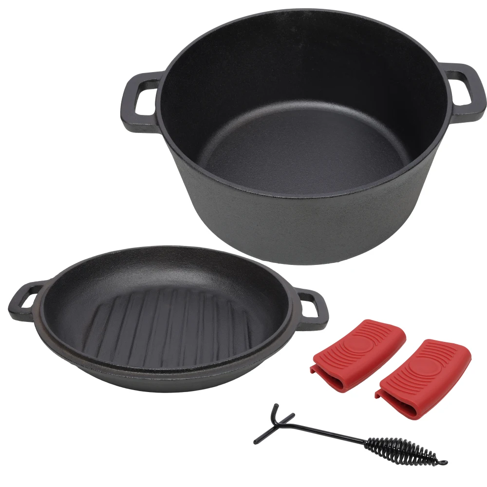 

3 in 1 Pre-Seasoned Cast Iron Dutch Oven, od Camping Deep Pot, 5 Quart. With 2pcs Silicone Handel Covers, 1PC Lid Lifter.