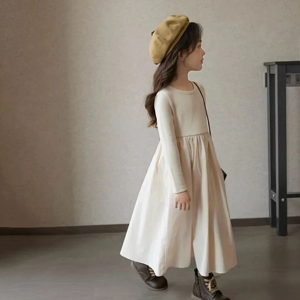 الخريف الفتيات عادية بسيطة طويلة الأكمام س الرقبة بلون فستان 1 قطعة 2-7 سنوات الاطفال موضة الملابس الحلوة #2