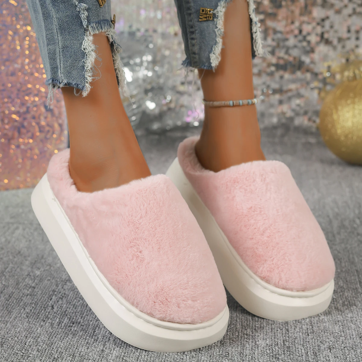 Vrouwen Indoor Huis Warme Slippers Dames Winter Nieuwe Zachte Pluche Slipper Vrouwen Slaapkamer Pluizig Platform Katoenen Slippers Glijbanen Vrouwen