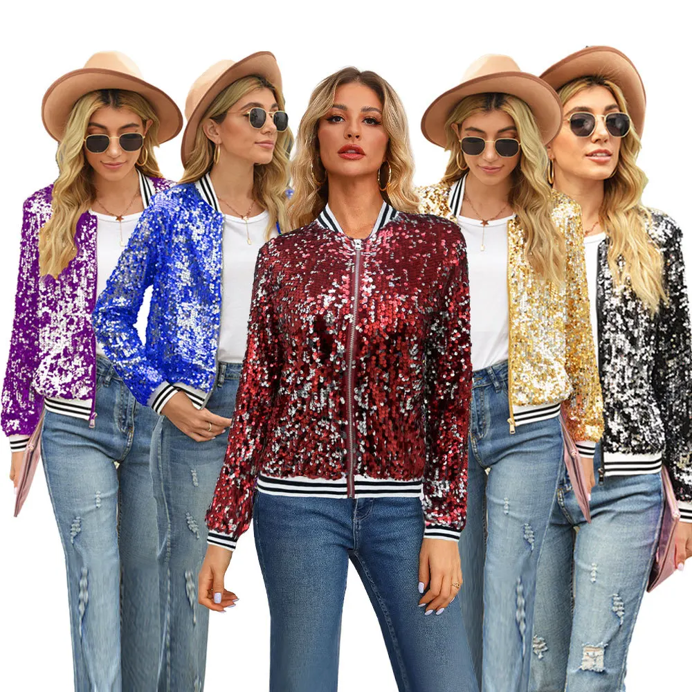 Women\'s Golden Outerwear Coat Fashion Sequin Long Sleeve Zippered Top Autumn New Style Jacket For Women Red Blue