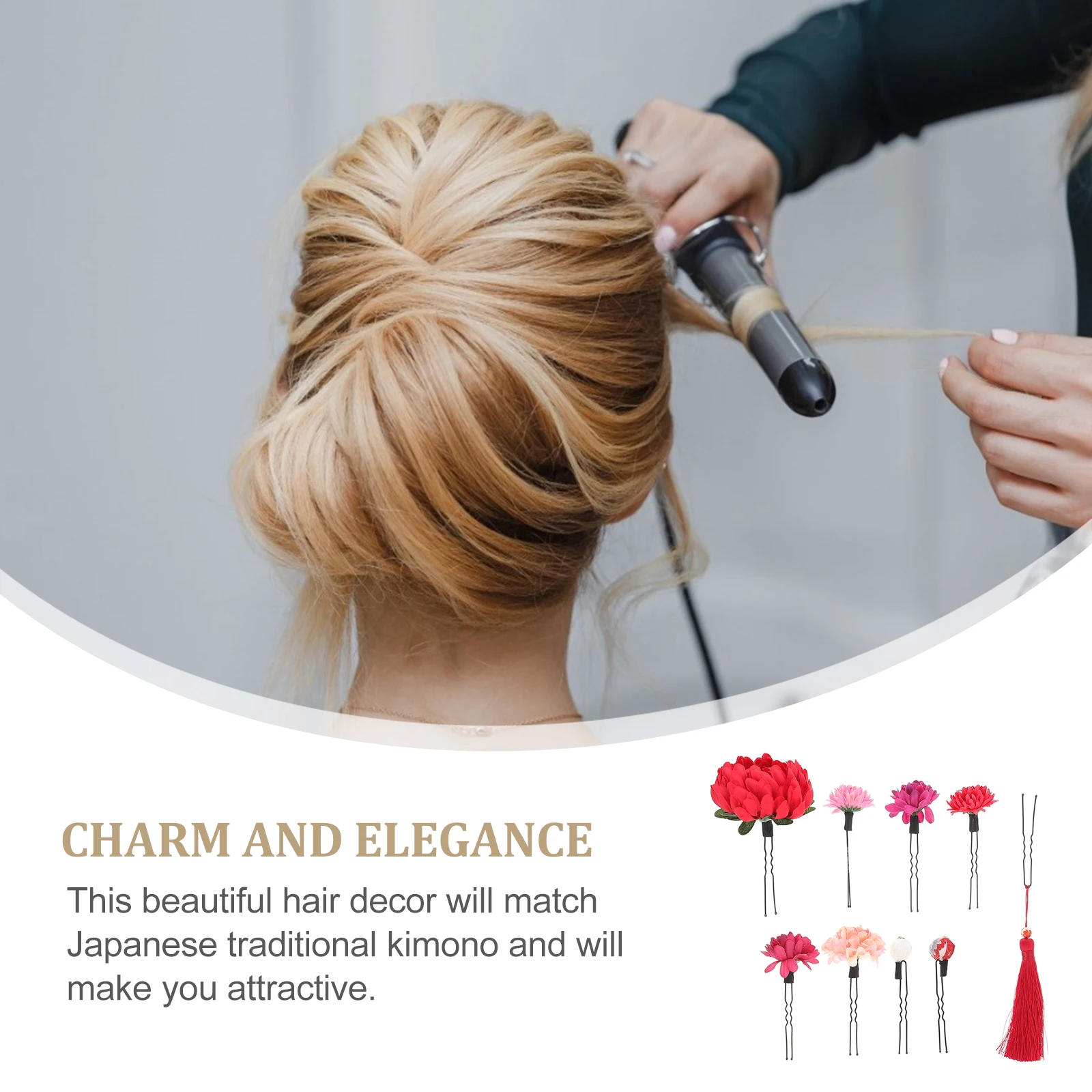 

9pcs Chrysanthemum Cloth Hair Pin Kimono Headdress Japanese Style Hair Accessories Tassel Decor For Wedding Photo Travel Yellow