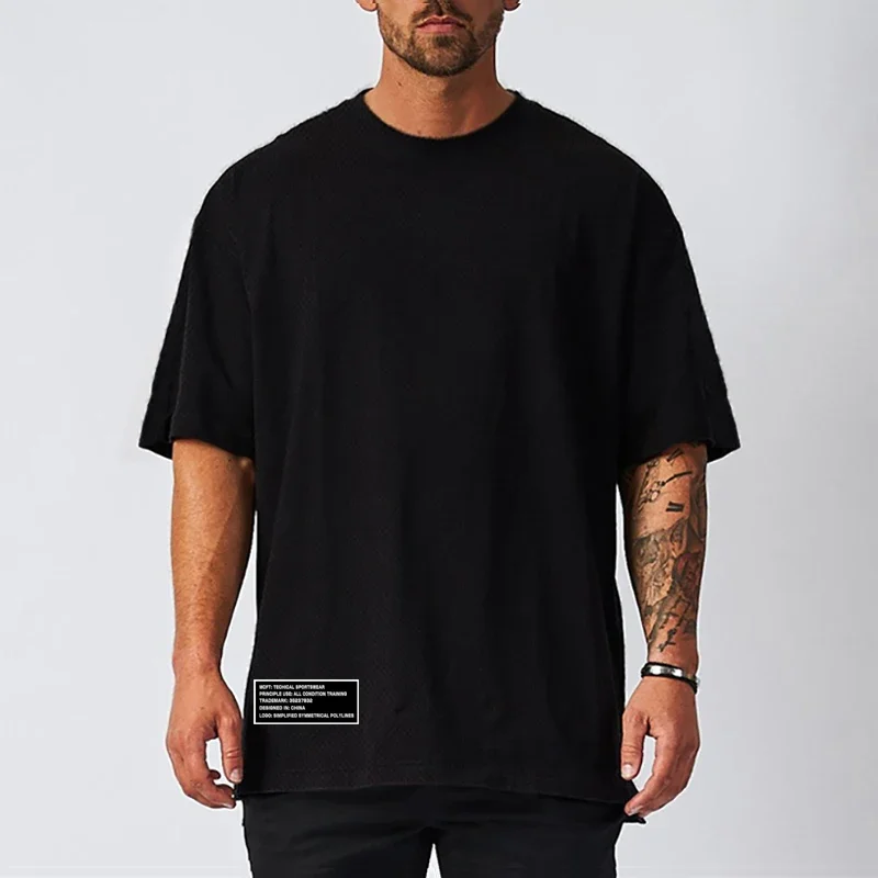 Gym Clothing Men\'s Fitness Oversized Loose T-Shirts Outdoor Hip Hop Streetwear Mesh Quick Dry Short Sleeved Bodybuilding Shirts