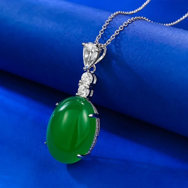 

New New S925 Silver Inlaid Jade Emperor Green Egg Face Pendant with Green Chalcedony Necklace, Adjustable Wedding Jewelry