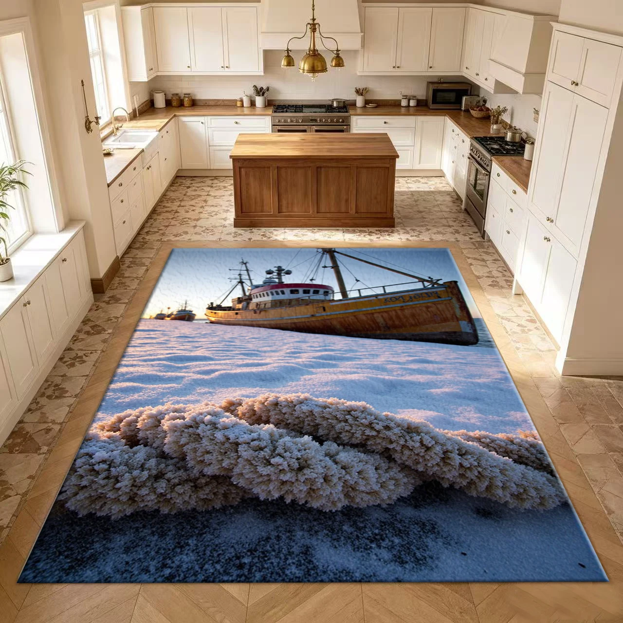 Fishing Boat Winter Seaside Carpet Floor Mat Snow Beach Photo Print Carpet Living Room Bedroom Home Floor Mat