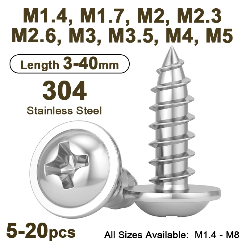 304 Stainless Steel Cross Phillips Pan Round Truss Head With Washer Padded Collar Self‑Tapping Wood Screws M1.4‑M5 Length 3‑40mm