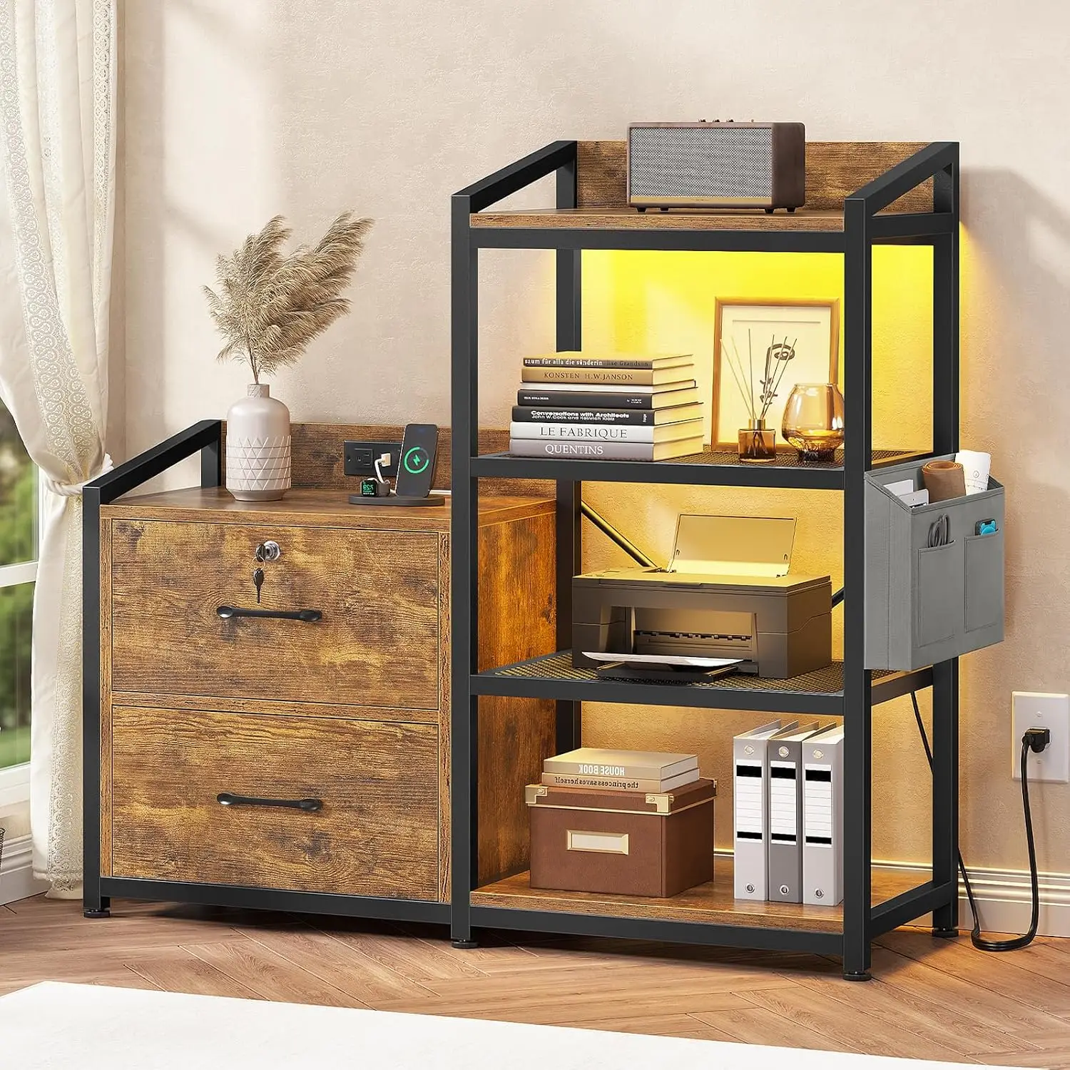 35.4” File Cabinet, Filing Cabinet fits Letter/A4 Size, 2 Drawe File Cabinets for Home Office with Power Strip, LED Lights, Lock