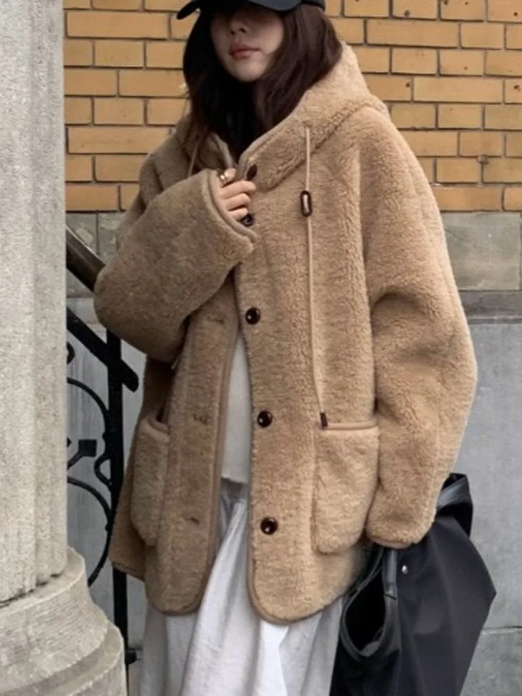 

Faionable Autumn Winter Hooded Fur Leather Jaet Women's Loose Fit Korean Sle Dstring College Sle Anti-Aging Clothing