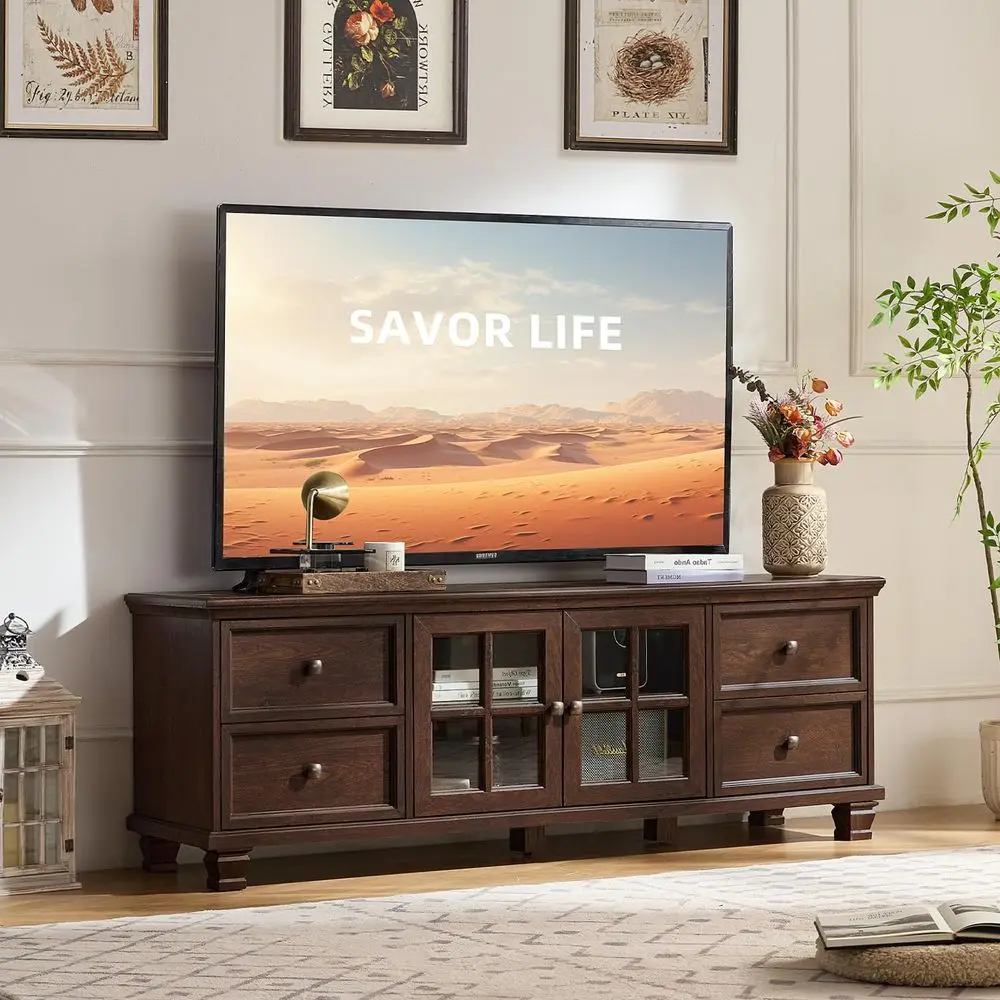 TV Stands for Living Room, Brown Entertainment Center with Storage, Wood TV Console with 4 Drawers, Rustic TV Cabinet for 65 inc